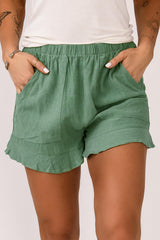 Green Casual High Waist Pocketed Ruffle Shorts