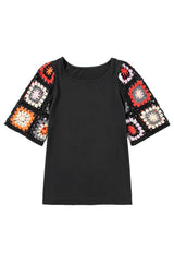 Black Floral Hollowed Crochet Sleeve Boho T Shirt