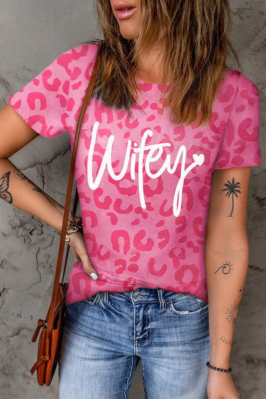 Pink Mothers Day Leopard Wifey Graphic Round Neck T Shirt