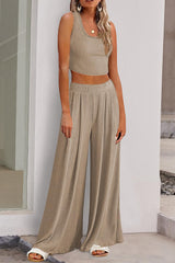 Parchment Textured Sleeveless Crop Top and Wide Leg Pants Set