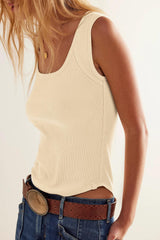 Beige Ribbed Exposed Seam Cropped Tank Top