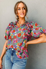 Red Boho Floral Tie Split Neck Ruffle Puff Sleeve Blouse
