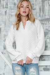 White Quilted V-Neck Solid Color Long Sleeve Top - Ninonine