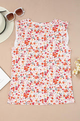 Red Floral Ribbed Knit Ruffle Sleeveless Top