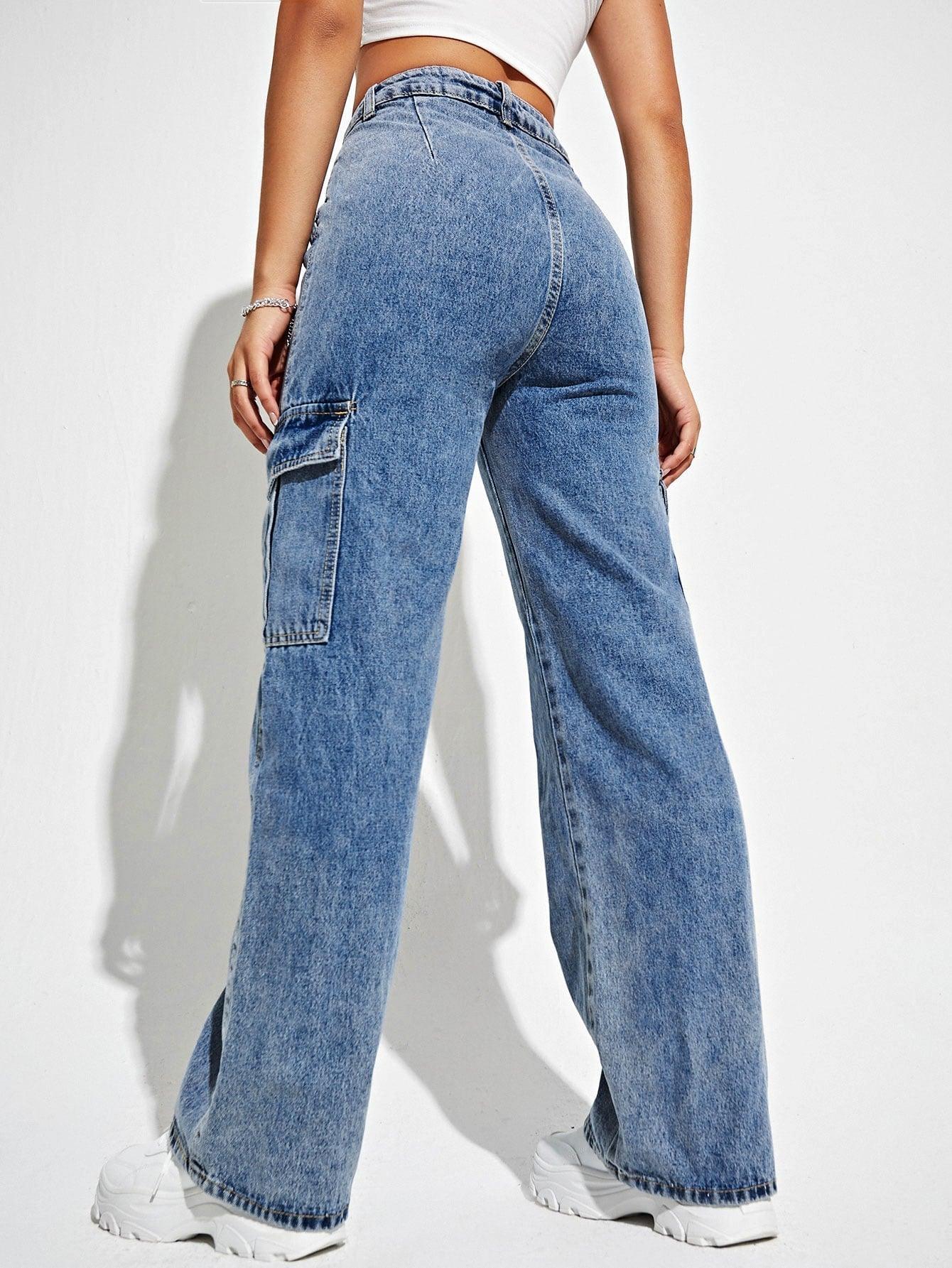 Jeans High Waist Side Cargo Flap Pocket
