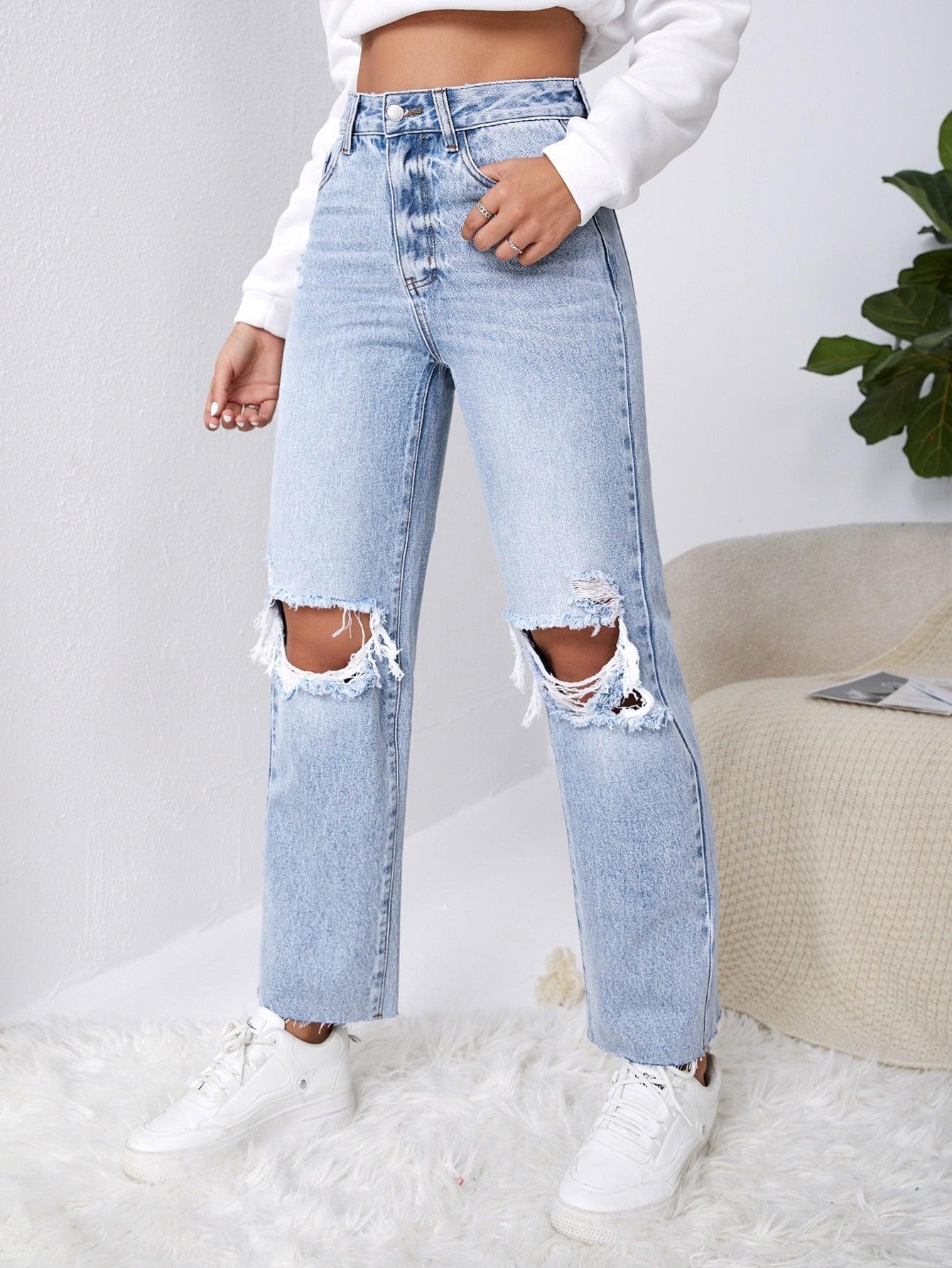 High Waisted Jeans Cotton Ripped Raw Cut Straight Leg
