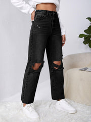 High Waisted Jeans Cotton Ripped Raw Cut Straight Leg