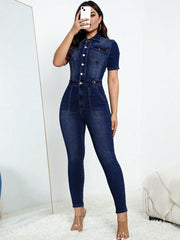 Denim Jumpsuits For Women Button Front Flap Pocket High-Waisted High Stretch