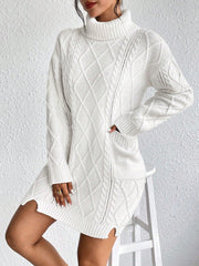 Sweater Dresses Cable Knit Dual Pocket Turtleneck