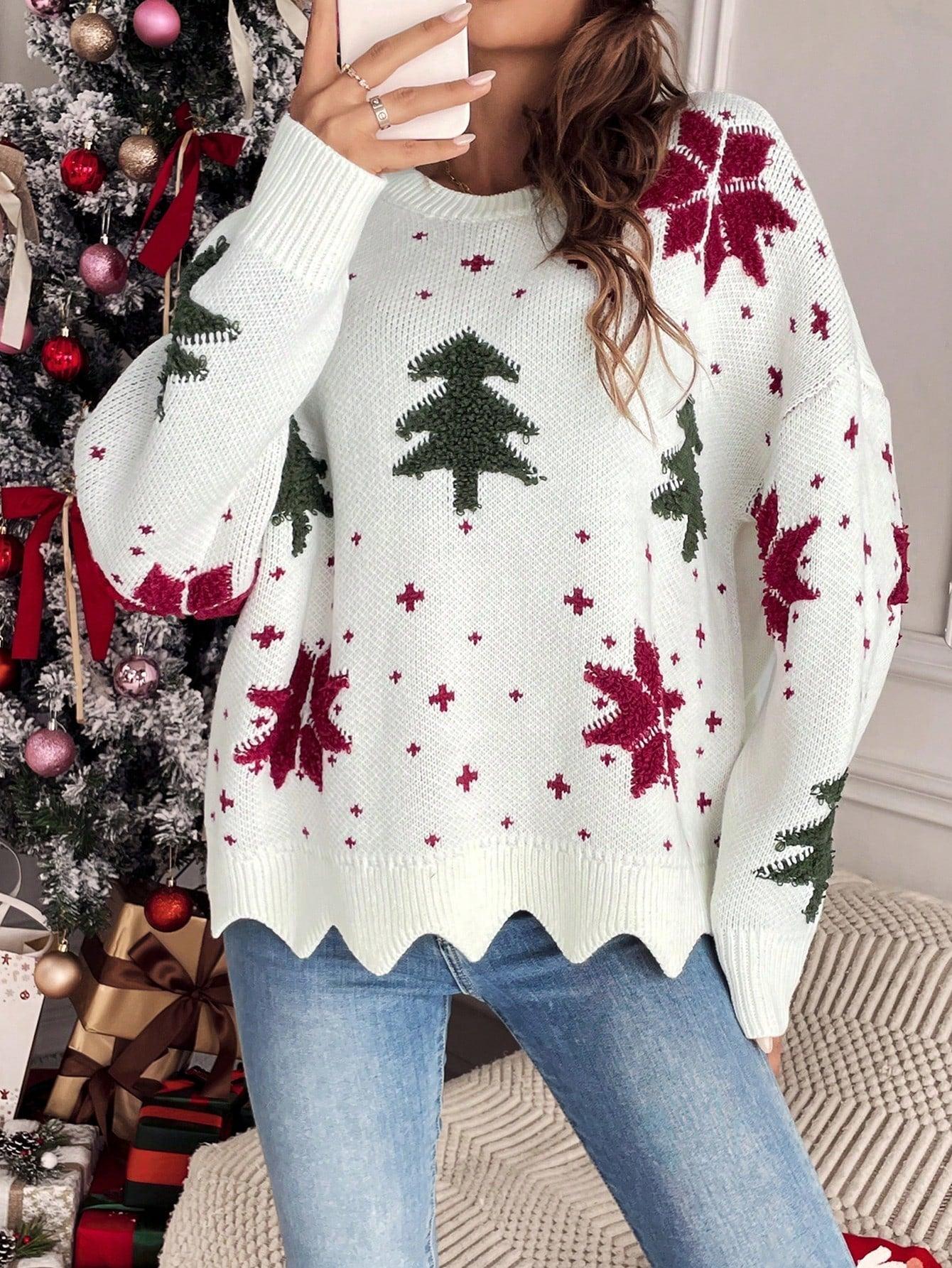 Women's Ugly Christmas Sweater Scallop Trim Drop Shoulder Pattern
