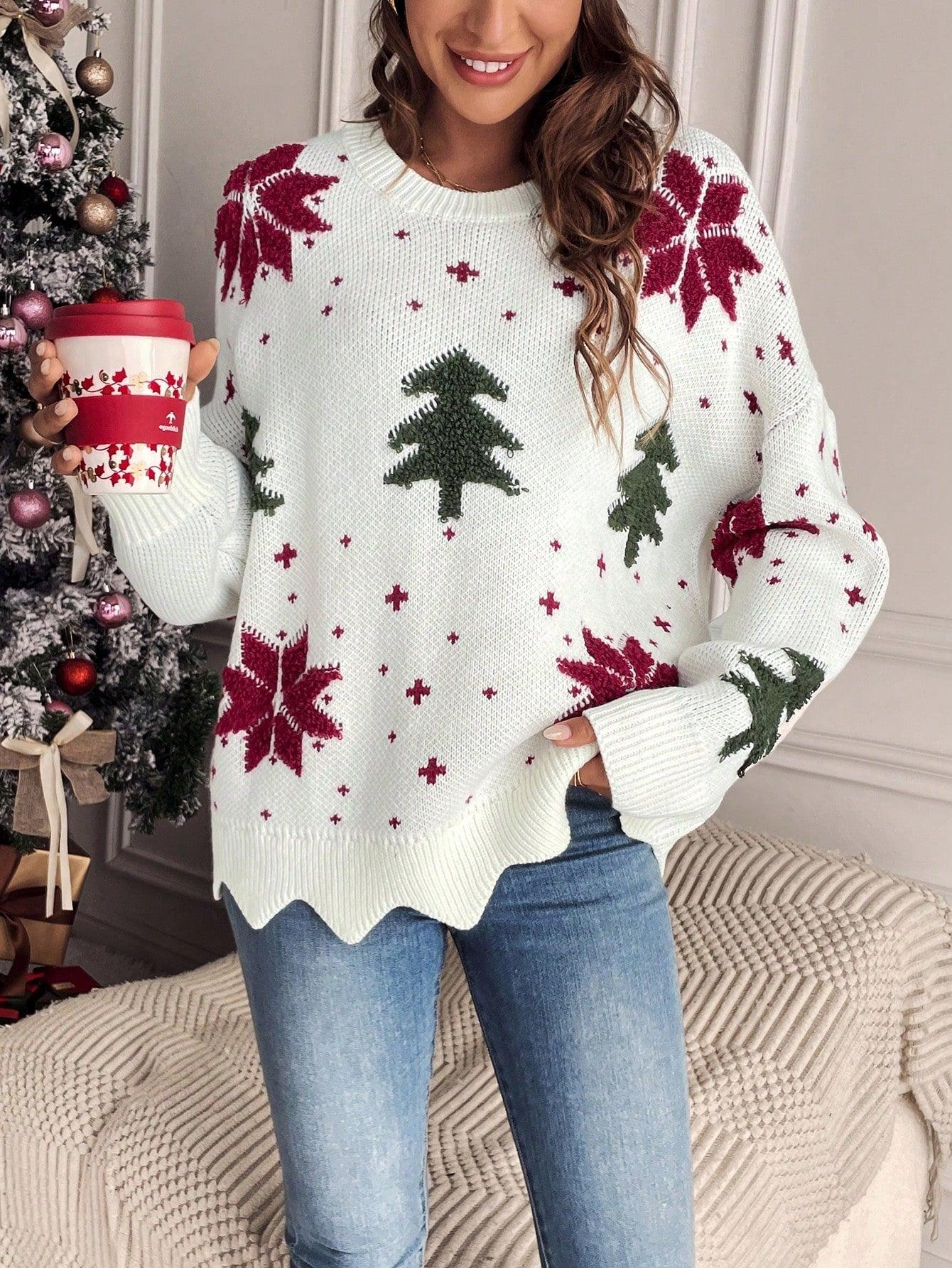 Women's Ugly Christmas Sweater Scallop Trim Drop Shoulder Pattern