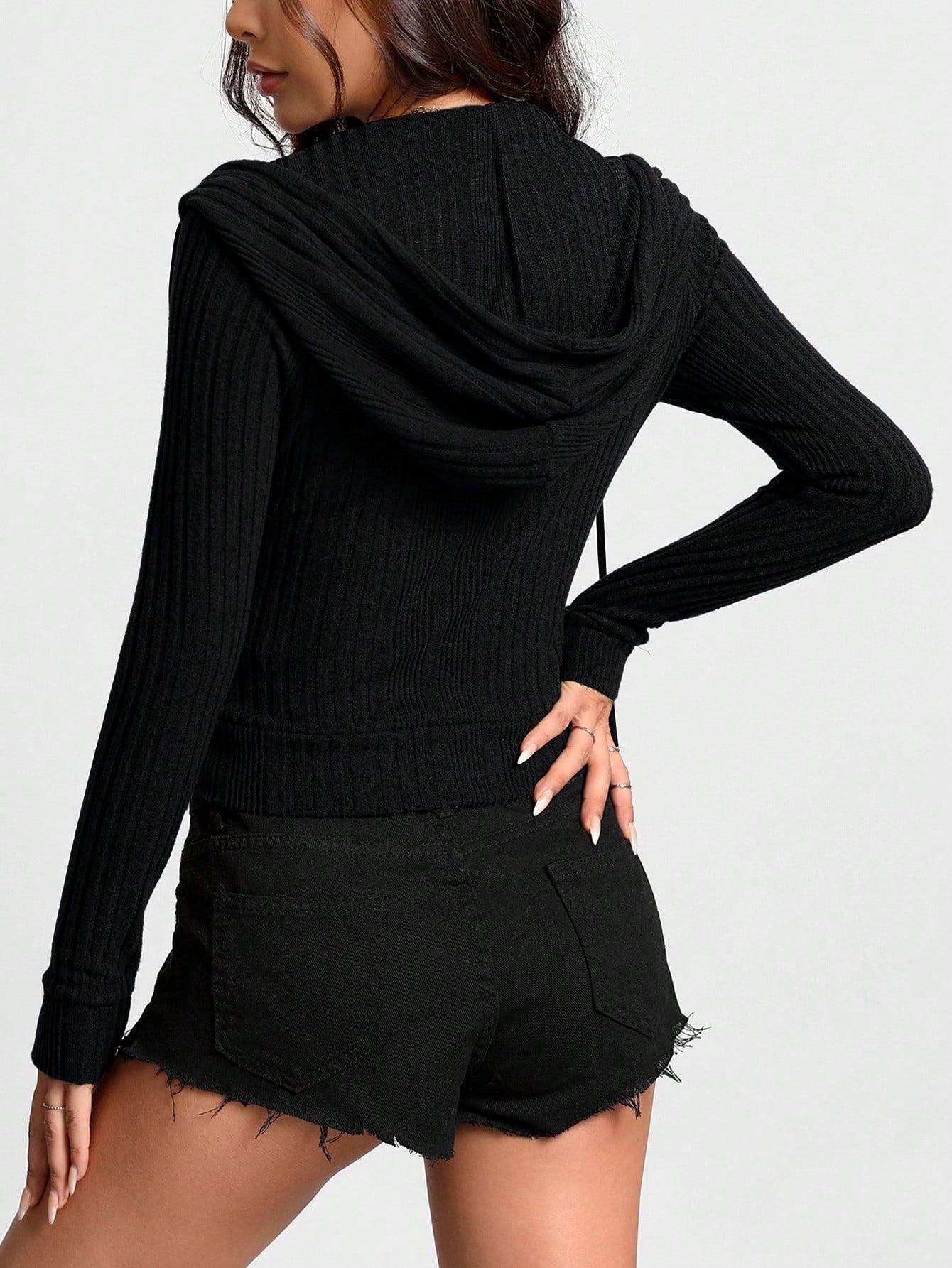 Women Zip Up Hoodie Front Drawstring Casual Plain High Stretch Rib-Knit