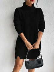 Sweater Dresses Cable Knit Dual Pocket Turtleneck