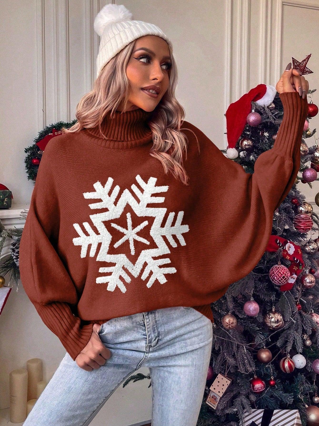 Women's Christmas Sweaters Turtleneck Snowflake Pattern