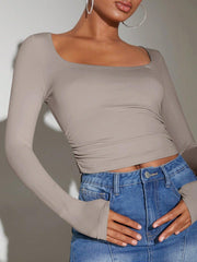 Plain Square Neck Crop Top With Long Sleeves Ruched Side