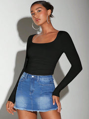 Plain Square Neck Crop Top With Long Sleeves Ruched Side