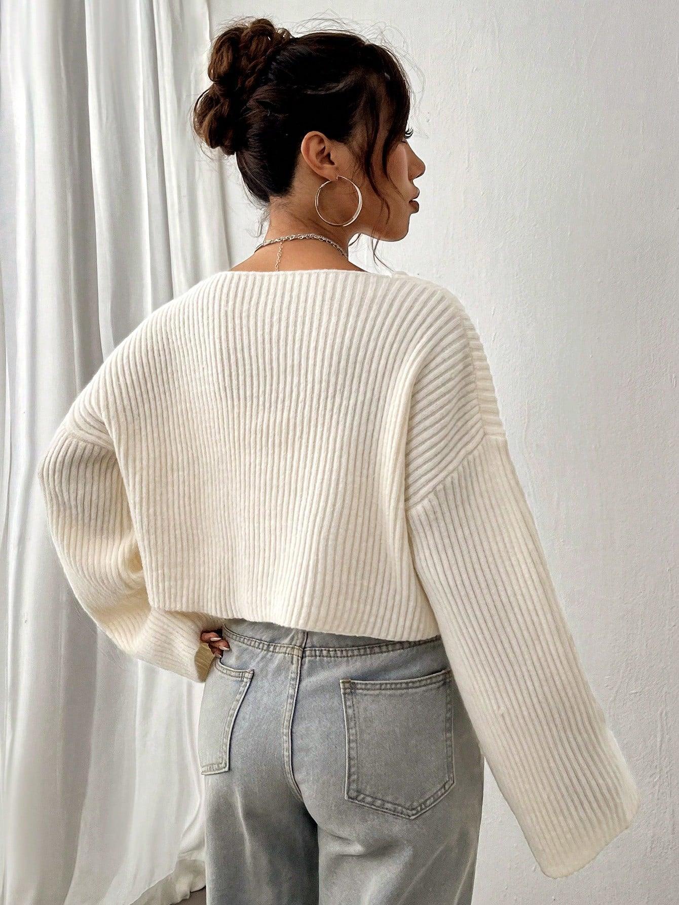 Apricot Loose Drop Shoulder Crop V Neck Women's Sweaters