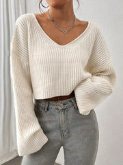 Apricot Loose Drop Shoulder Crop V Neck Women's Sweaters