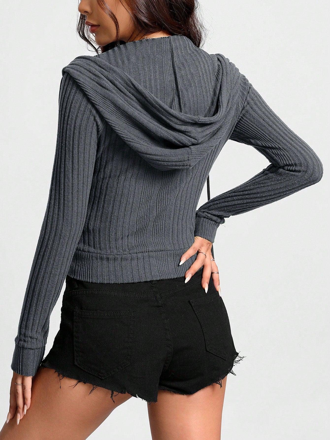 Women Zip Up Hoodie Front Drawstring Casual Plain High Stretch Rib-Knit