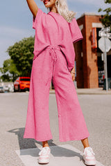 Strawberry Pink Textured Loose Fit T Shirt & Drawstring Pants Set - Ninonine