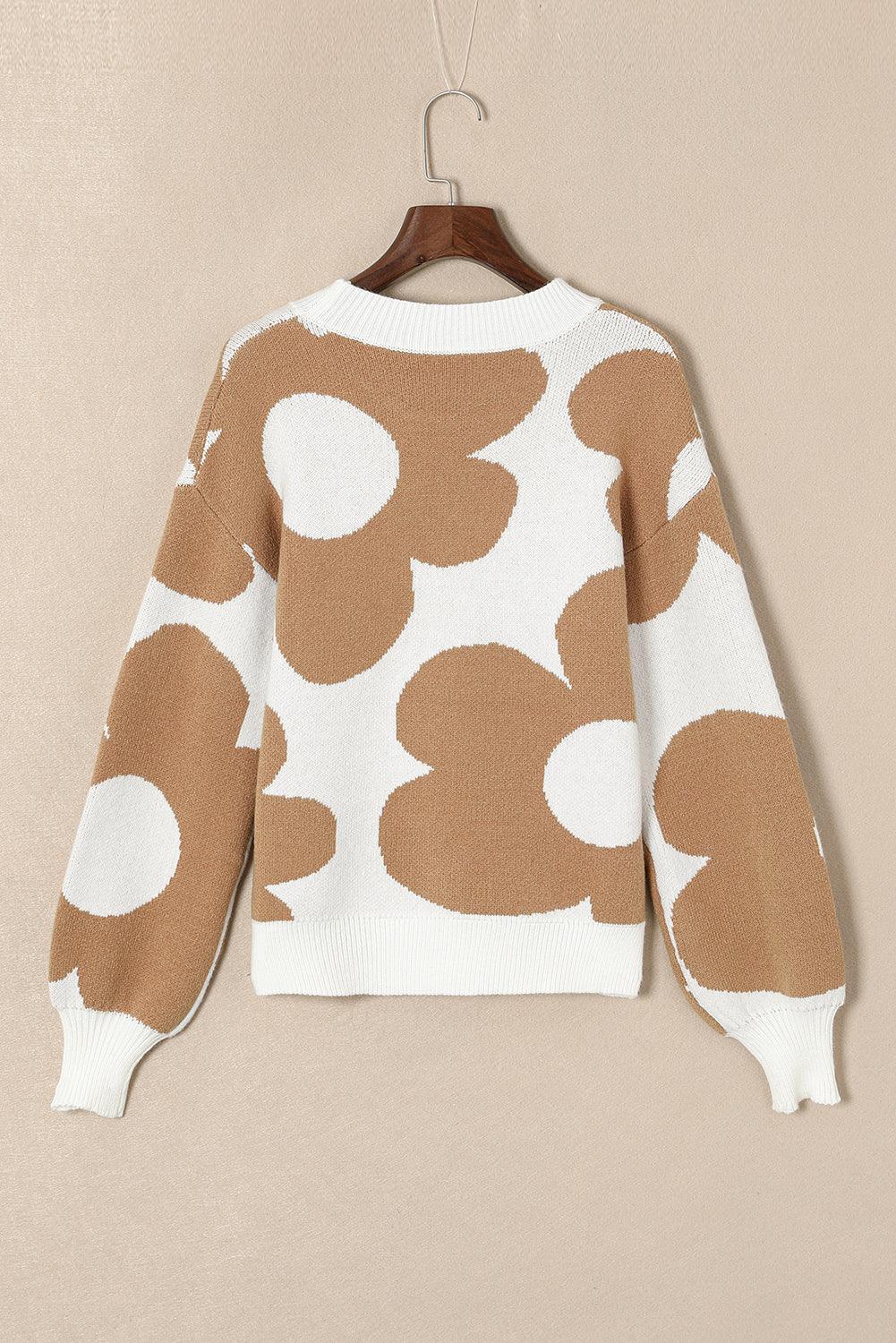 Khaki Floral Pattern Ribbed Trim Pullover Sweater - Ninonine