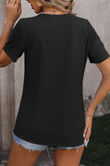 Black Button Slit Detail Round Neck Textured T Shirt