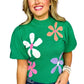 Bright Green Floral Bubble Short Sleeve Knitted Top