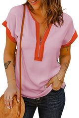 Rose Red Contrast Trim Color Block Zipped Neck T Shirt