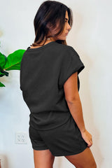 Black 2Pcs Solid Textured Drawstring Shorts Set - Ninonine