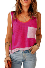 Rose Red Color Block Patched Pocket Waffle Knit Tank Top