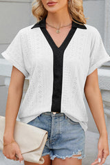White Eyelet Contrast Seam Collared Blouse