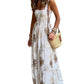 White Tropical Print Smocked Ruffled Straps Maxi Dress