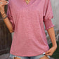 Rose Tan Plain V Neck Smocked Ruffle Sleeve T Shirt
