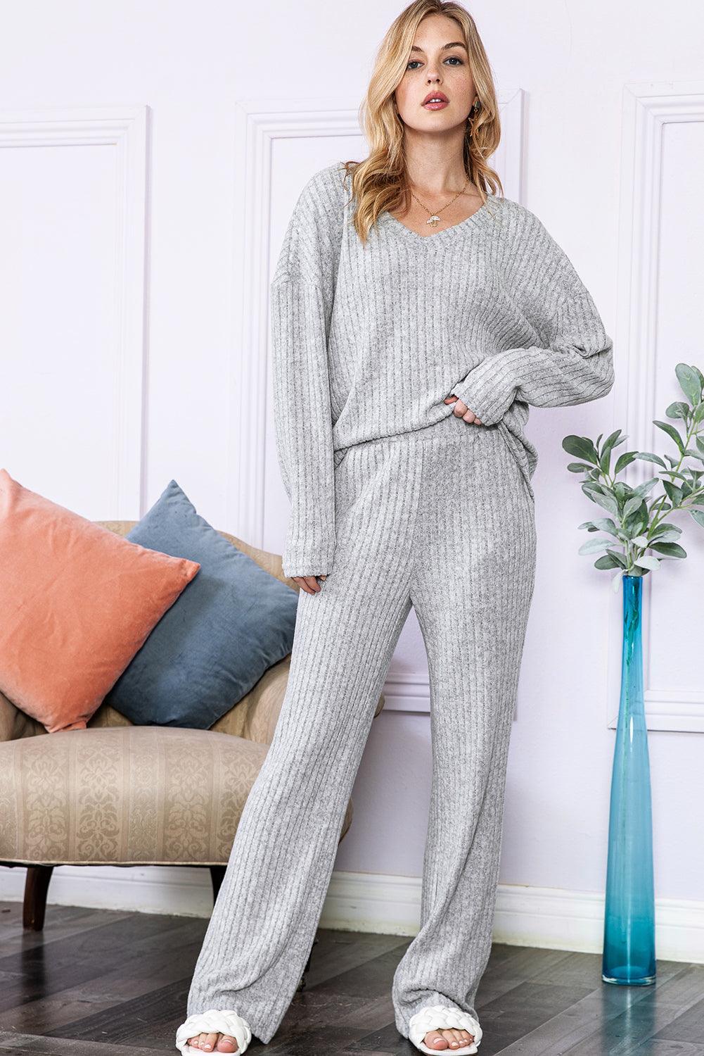Light Grey Slouchy Ribbed Knit V Neck Top & Pants Loungewear Set – Ninonine