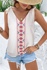 White Floral Embroidered V-Neck Knot Sleeveless Top
