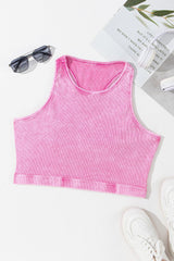 Pink Ribbed Mineral Wash Racerback Cropped Tank Top