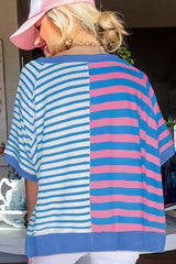 Blue Stripe Contrast Colorblock Oversized T Shirt