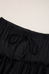 Black Frilled Drawstring High Waist Wide Leg Pants