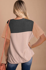 Black Rib Textured Colorblock Round Neck T Shirt