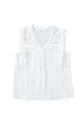 White Floral Lace Crochet Textured Sleeveless Shirt