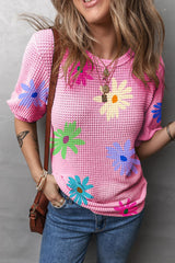 Pink Colorful Floral Print Puff Sleeve Waffle Knit T Shirt