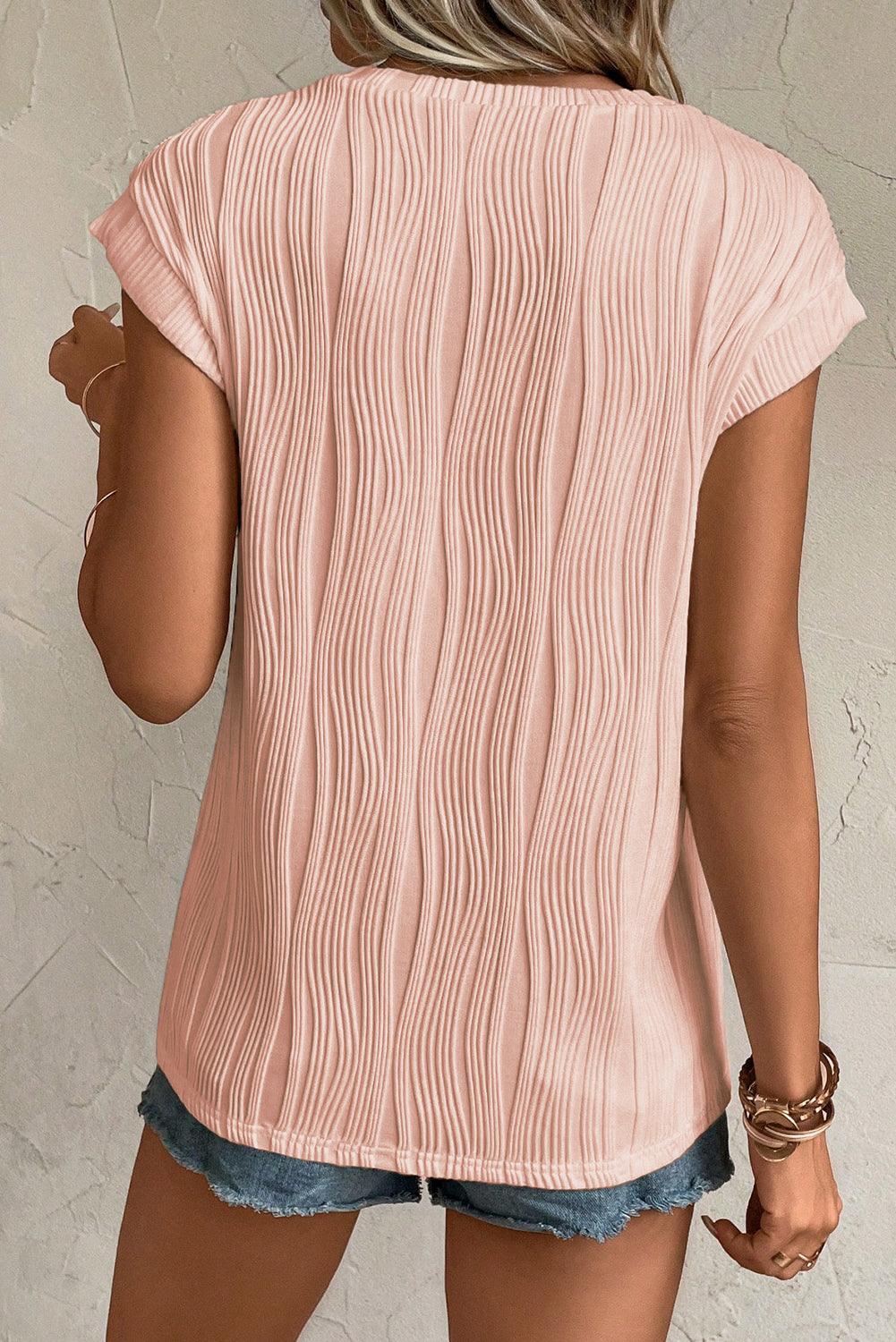 Pink Solid Color Wavy Textured Cap Sleeve Top - Ninonine