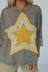 Medium Grey Floral Star Patched Exposed Seam Mineral Wash Top