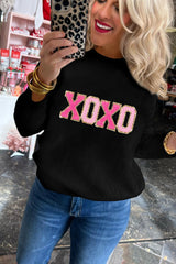 Black XOXO Chenille Letter Round Neck Casual Sweater - Ninonine