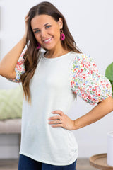 White Contrast Floral Puff Sleeve Ribbed Plus Size Blouse - Ninonine