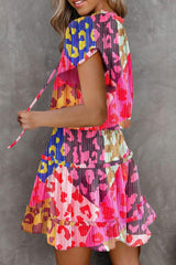 Rose Leopard Short Sleeve Tiered Ruffle Mini Dress