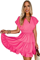 Strawberry Pink Ruched Sleeve Smocked Waist Tiered Ruffle Dress