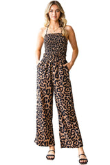Cheetah Print Sexy Halter Backless Wide Leg Jumpsuit