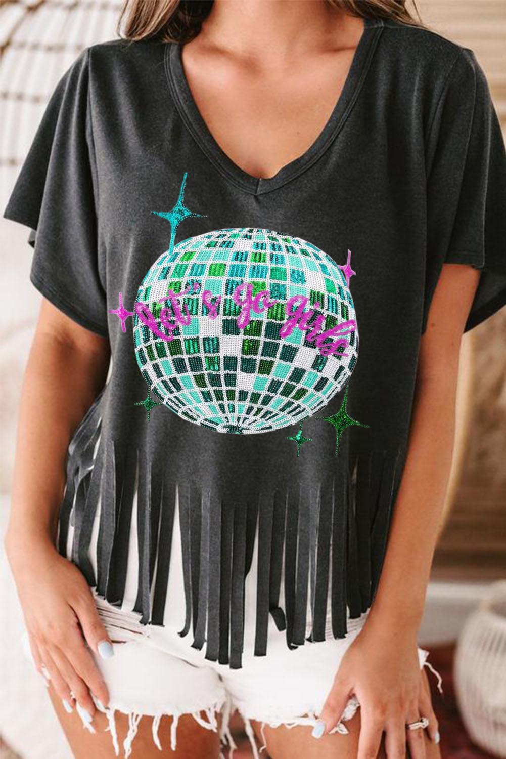 Black Sequined Disco Ball Graphic Fringed V Neck T Shirt - Ninonine
