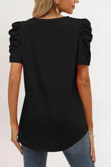 Black Puff Sleeve Casual V Neck T-Shirt